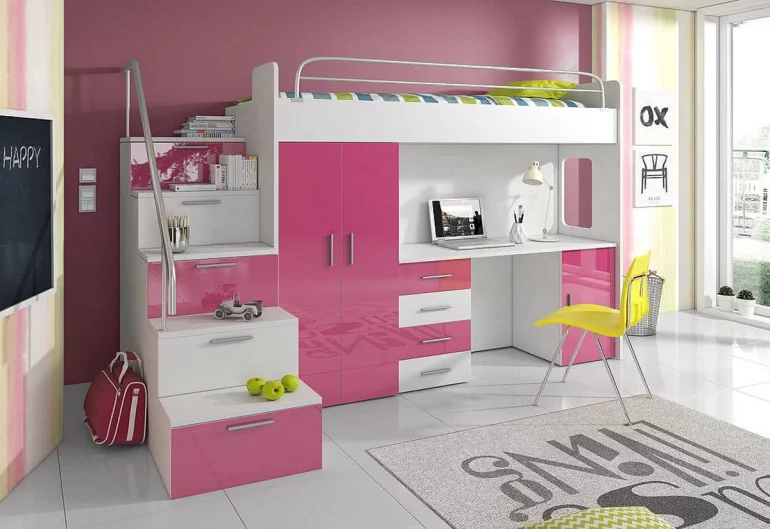 Etagenbett für Kinder DARCY IVs, 80x200, universale Ausrichtung, weiß/rosa Glanz