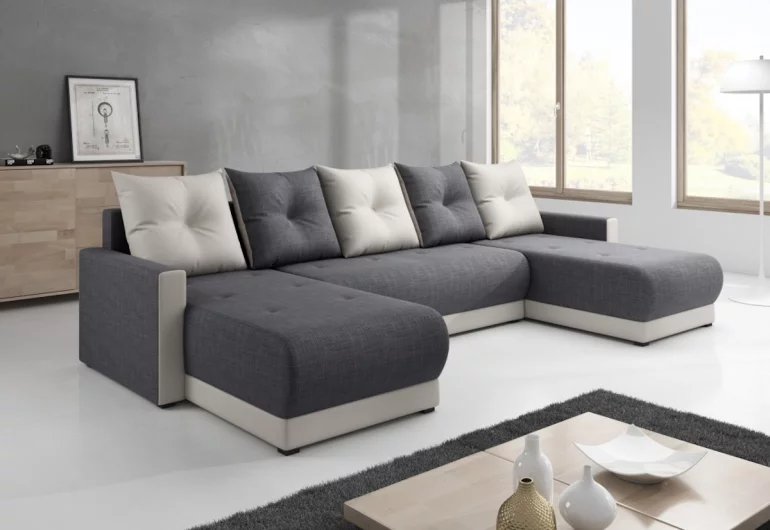 Sofa mit Schlaffunktion DESIGNIA in U-Form, 286x146, Microfaser, Microfaser10_00 weiß, grau/weiß