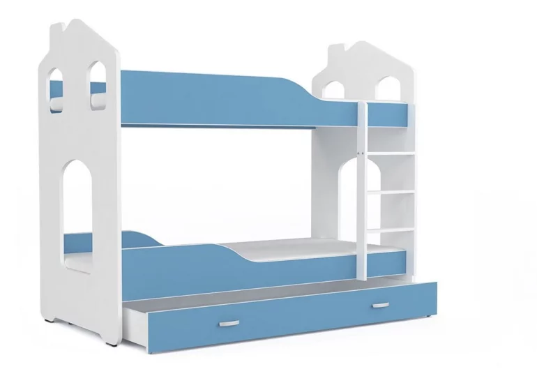 Etagenbett für Kinder PATRIK Häuschen + Matratze + Lattenrost - KOSTENLOS, 180x80, weiß/blau