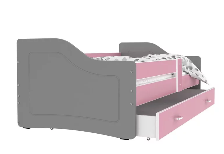 Dětská postel SWAN + matrace + rošt ZDARMA, 140x80, růžová/šedá