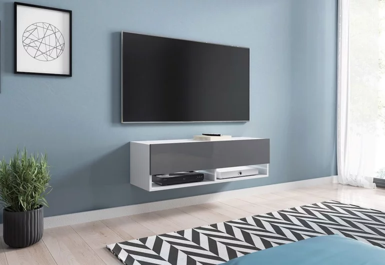 TV-Schrank MENDES A 100, 100x30x32, weiß/grau Glanz, ohne LED-Beleuchtung