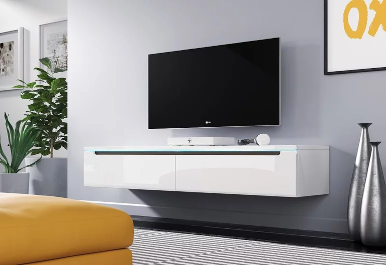 TV-Schrank MENDES DES I 140, 140x24x33, weiß/weiß Glanz, ohne LED-Beleuchtung