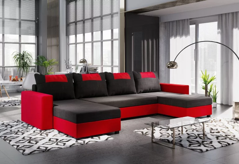 Sofa mit Schlaffunktion in U-Form COOPER, 298x144, schwarz/rot, Microphase 04/U022
