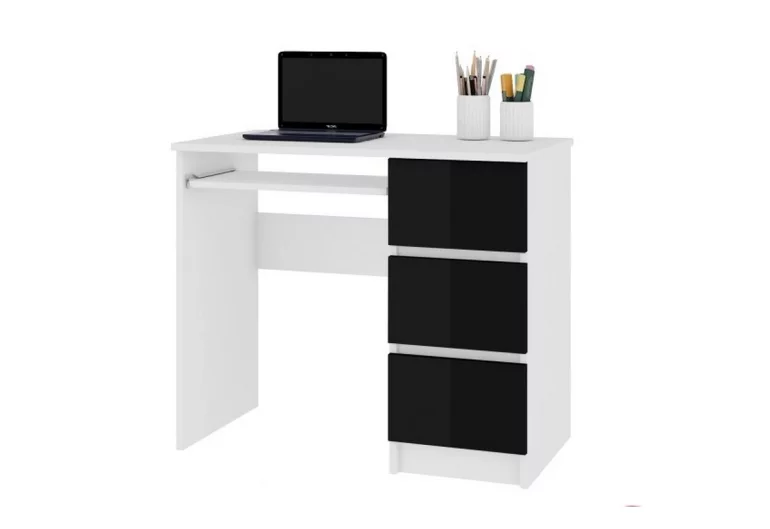 Schreibtisch KORDA A-6, 90x77x50, weiß/schwarz Glanz, recht