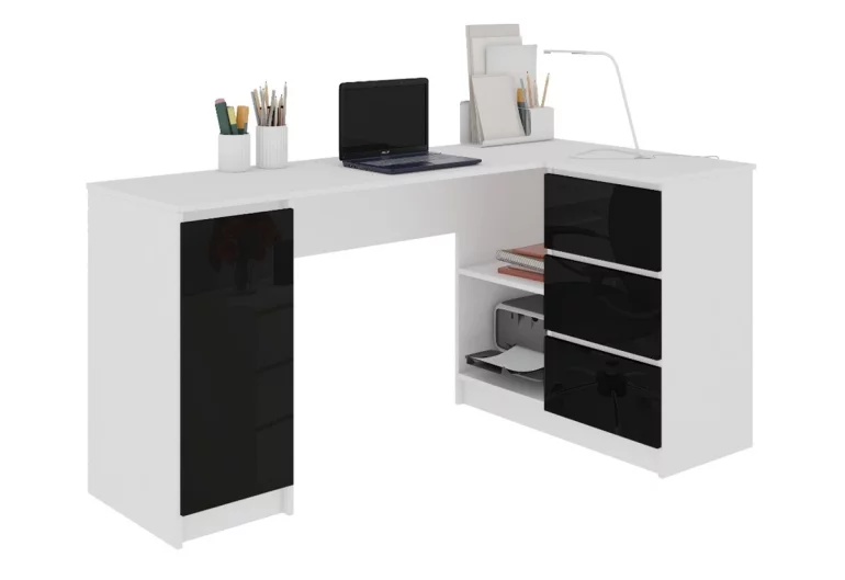 Schreibtisch KORDA B20, 155x77x85/48,5, weiß/schwarz Glanz, recht