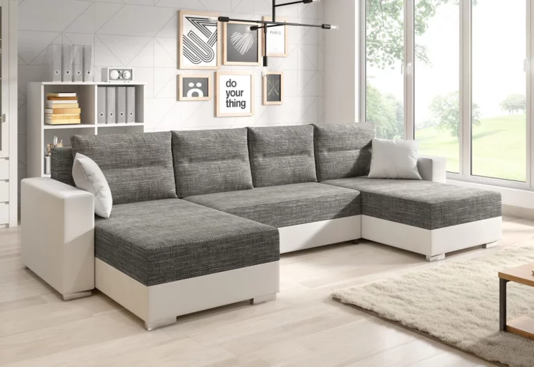 Sofa mit Schlaffunktion in U-Form RONNY, 346x90x159, berlin 01/weißes Öko-Leder