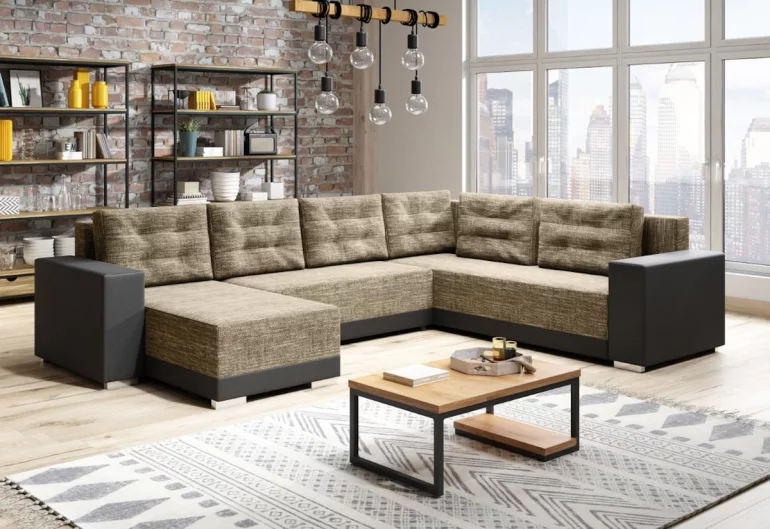 Sofa mit Schlaffunktion in U-Form DEER, 315x90x220, berlin 03/schwarzes Öko-Leder