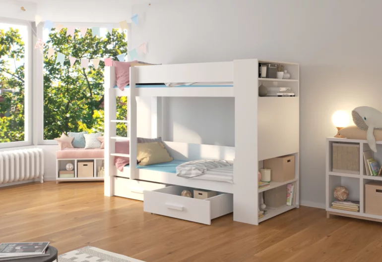 Etagenbett für Kinder GARNETA + 2x Matratze, 90x200, Weiß
